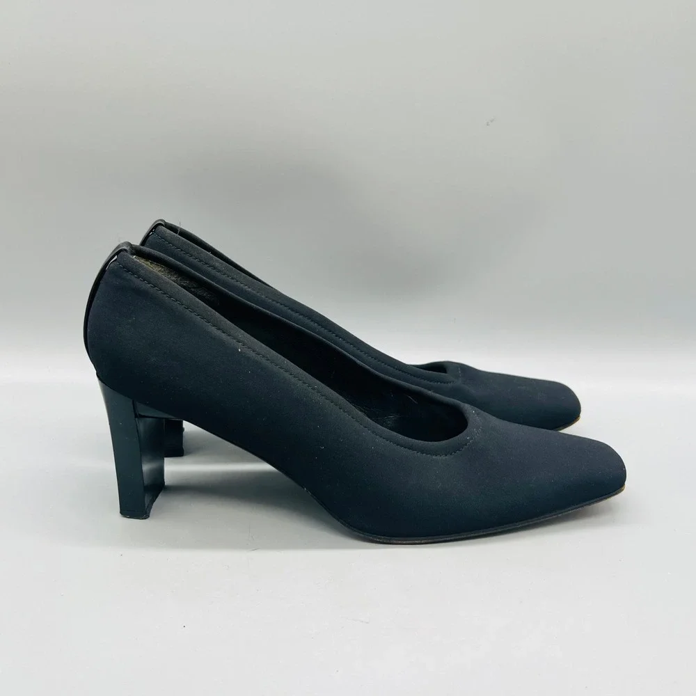 Stuart Weitzman Shoes Womens 8 Black Fabric Square Toe Block Heel Dress Pumps